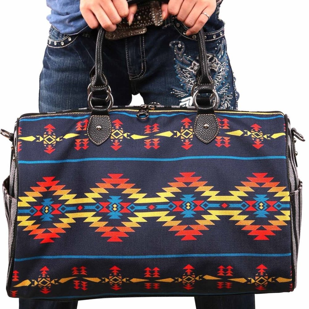 Black Leather Trimmed Aztec Canvas Duffle Bag